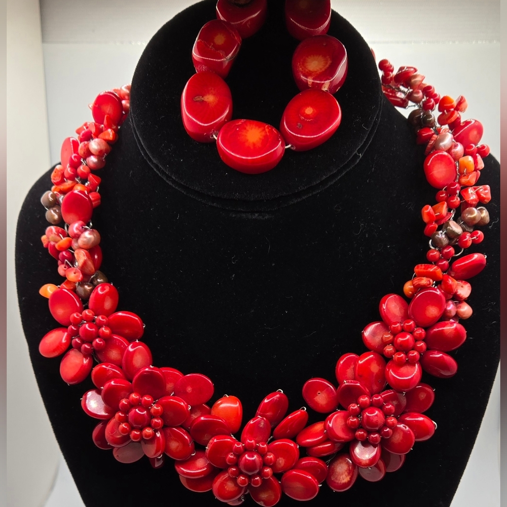 🐚 Red Coral Necklace & Bracelet Wired Floral Style NWT Neck 18" Bracelet Sz 7